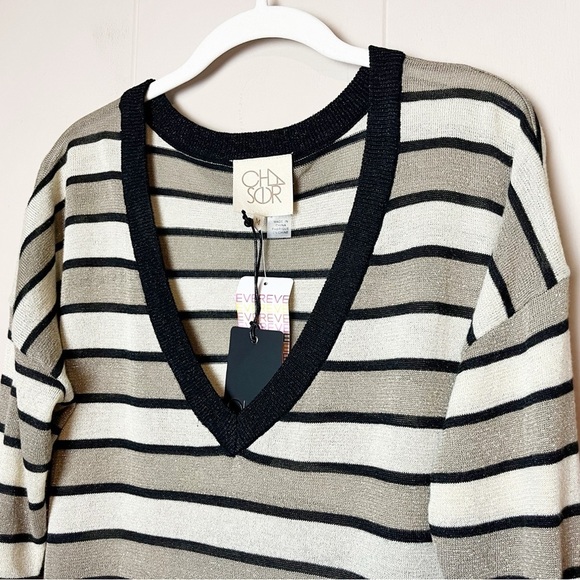 Chaser NWT Lurex Stripe Sweater Medium black gold metallic V neck lightweight - Picture 3 of 11